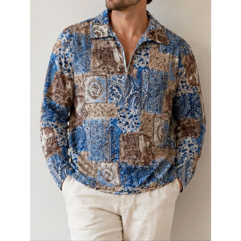 Pop Icon Patchwork Paisley Long Sleeve Shirt in Blue and Brown Size S